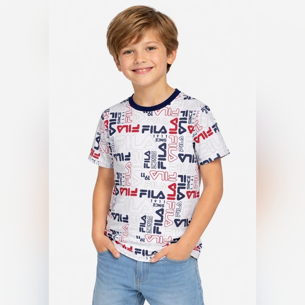 FILA Kids All-Over Logo Print T-Shirt White Red Black | Classic Athletic Tee